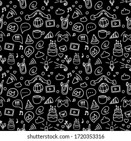 Seamless Doodle Pattern, Cartoon Set Of Objects And Symbols About Internet And Social Media. Vector. Black Backgrounds