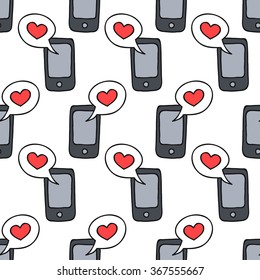 seamless doodle pattern. cellphone with love message. vector illustration