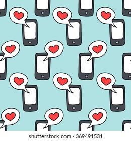 seamless doodle pattern. cellphone with love message. vector illustration