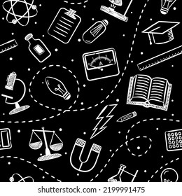 Seamless doodle pattern with chalk school physical elements. Pattern with hand drawn education objects, magnet, electricity, experiments on checkered notebook sheet. Vector blackboard for Physics