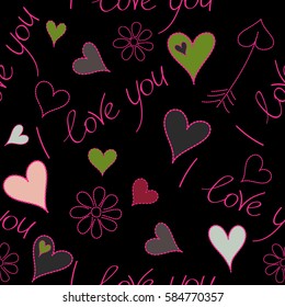 Seamless doodle pattern. Chamomile flower, leaves, I love you text, hearts in pink, gray and red colors. Summer and spring design. Abstract pattern on a black background. Exotic vector pattern.