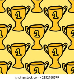 Patrón de doodle impecable con copa de campeonato. ilustración vectorial con copa dorada. Fondo deportivo
