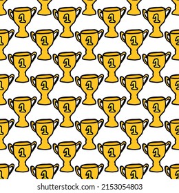 Patrón de doodle impecable con copa de campeonato. ilustración vectorial con copa dorada. Fondo deportivo