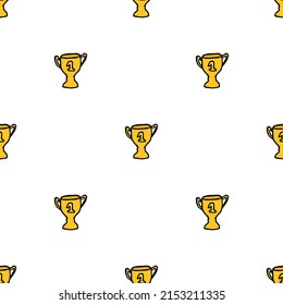 Patrón de doodle impecable con copa de campeonato. ilustración vectorial con copa dorada. Fondo deportivo