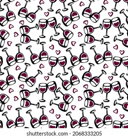 Seamless doodle pattern with cheers wine glass. Vector sketch illustration.