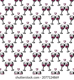 Seamless doodle pattern with cheers wine glass. Vector sketch illustration.