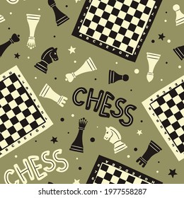 Seamless doodle pattern with chess pieces, checkerboards and stars. Sports background in a hand drawn childish style. Vector illustration for the design of sports chess projects.