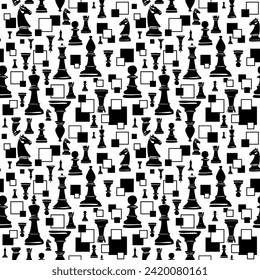 Seamless doodle pattern with chess pieces and stars.