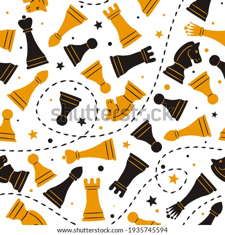 Seamless doodle pattern with chess pieces and stars. Sports background in a hand drawn childish style. Black and dark yellow vector illustration for the design of sports chess projects.