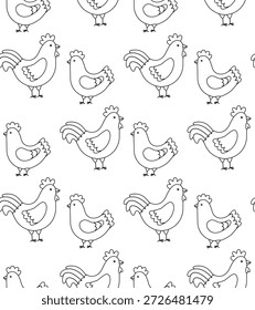 Patrón de garabatos sin fisuras con gallinas y gallos. Fondo blanco y negro con aves de corral