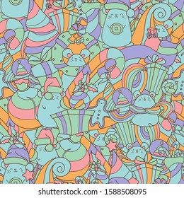 Seamless doodle pattern with Christmas decorations. Colorful pattern with cute kawaii mice with gifts, symbol of Chinese New Year 2020.