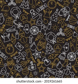 Seamless doodle pattern with Christmas trees and snowflakes on a black background. Christmas pattern. Vector illustration