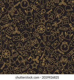 Patrón de doodle sin foco con árboles de Navidad y copos de nieve en un fondo negro. Patrón de Navidad. Ilustración del vector