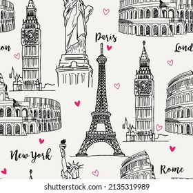 Patrón de caricaturas sin foco con ciudades del mundo con corazón, gráfico, vector