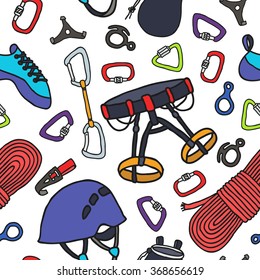 seamless doodle pattern. climbing equipment. vector illustration