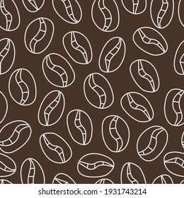 Seamless doodle pattern with coffee beans on a brown background. Vector doodle illustration for design.