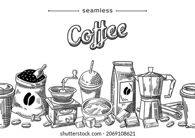 Seamless Doodle Pattern Coffee Supplies Package, Sack with Beans, Disposable Plastic Cups and Coffee Grinder, Sugar and Mugs with Chocolate and Pot. Hot Drink Hand Drawn Linear Vector Illustration