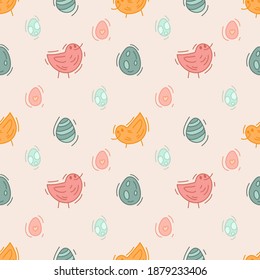 Seamless doodle pattern with colorful birds and Easter eggs. Vector hand drawn illustration for easter, background, textile