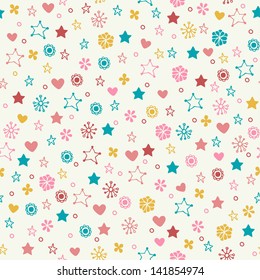 Seamless doodle pattern with colorful flowers, stars, hearts. Endless cute romantic texture. Template for design and decoration backgrounds, package, covers, textile