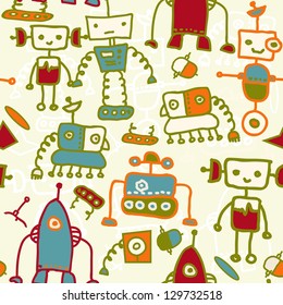 seamless doodle pattern with colorful robots