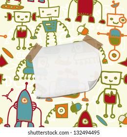 seamless doodle pattern with colorful robots and blank paper for your greeting (eps10)
