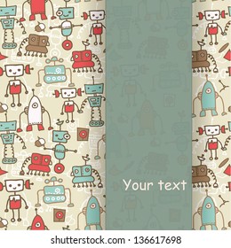 seamless doodle pattern with colorful robots and blank paper for your greeting (eps10)