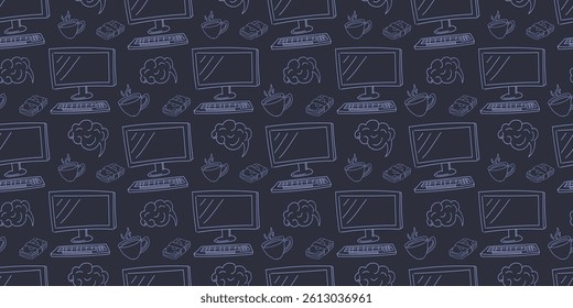  Seamless doodle pattern with computer monitors, keyboards, mice, coffee cups, and clouds on a dark background.