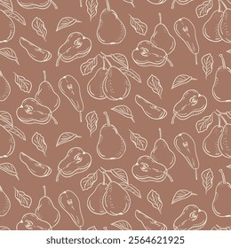 Seamless doodle pattern with contour hand drawn pears, pear slices, and leaves on warm brown background, creating an elegant and organic design. Vector botanical illustration