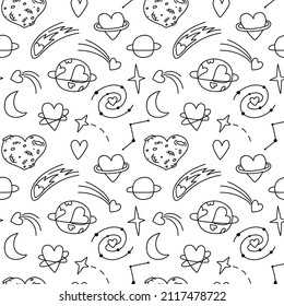 Seamless doodle pattern with cosmic hearts. Background with astronomical contour drawings of stars, love, planets, galaxies. Creative romantic print with minimalistic drawings