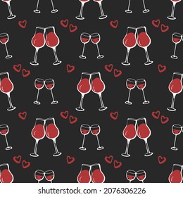 Seamless doodle pattern with couple of cheers wine glass isolated on dark black bavkground. Vector sketch illustration.