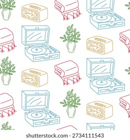 Patrón de garabatos sin fisuras con Elementos interiores acogedores como reproductores de vinilo, radios retro, mantas, plantas. Fondo de hogar musical para impresiones de tela, papel de regalo, proyectos de decoración de temporada