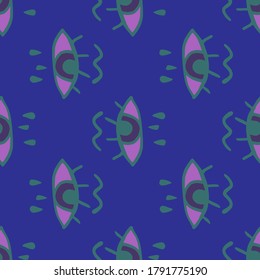 Nahtloses Doodle-Muster mit Schrei-Augen-Ornament. Indigo-blauer Hintergrund und violette Augenelemente. Perfekt für Tapete, Wickelpapier, Stoffdruck, Stoff. Vektorgrafik.