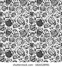 Seamless doodle pattern with cups and mugs for coffee or tee time. Black hand drawn line art on white background.