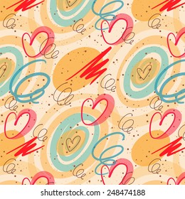Seamless doodle pattern with curl and hearts on bright beige background. for decoration wedding or saint valentines day card or invitation. seems like hand-drawing with ink pen and transparent marker