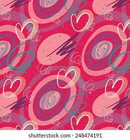 Seamless doodle pattern with curl and hearts on bright pink background. for decoration wedding or saint valentines day card or invitation. seems like hand-drawing with ink pen and transparent marker