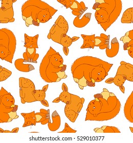 Seamless doodle pattern with cute and bright squirrel , deer and fox. Children illustration 