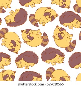Seamless doodle pattern with cute and bright hedgehog and raccoon. Children illustration 