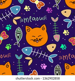 Seamless doodle pattern with cute cats. Vector illustration