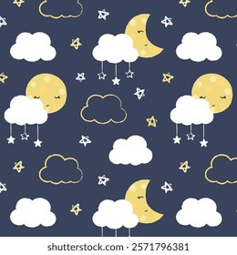 Seamless doodle pattern with cute  cloud moon. Kawaii moon stars clouds on a dark blue background. Vector illustration for printing kids paper fabric textile.