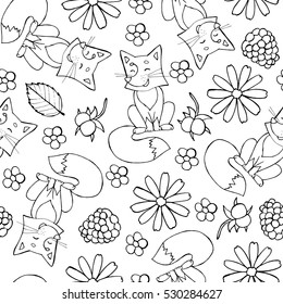 Seamless doodle pattern with cute fox, flowers and berries. Children illustration 