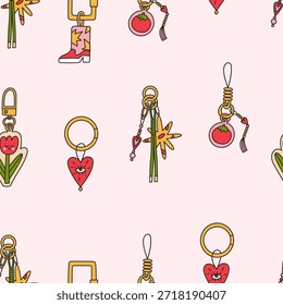 Seamless doodle pattern with cute handmade outlined keychains. This vector illustration is perfect for creative projects, packaging, textiles, and decorative designs.