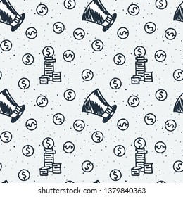 Seamless doodle pattern with cute money elements. Endless vector image