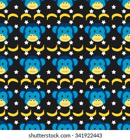 Seamless doodle pattern with cute monkey faces and banana. Colorful kids background in vector. Children illustration. Wallpaper with Chinese Zodiac, symbol of Happy New Year.