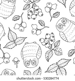 Seamless doodle pattern with cute owl and berries. Children illustration 