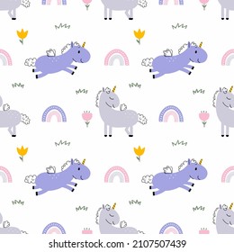 Seamless doodle pattern. Cute unicorn and rainbow. Pony walks through  field with flowers. Background for printing on fabric and wrapping paper.