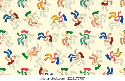 Seamless doodle pattern. Dancing  girls on yellow background. Enjoy funny emotions. Happy celebration.Young colorful moving women.