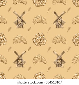 Seamless doodle pattern with different kinds of  bakery production and mill. Vector illustration