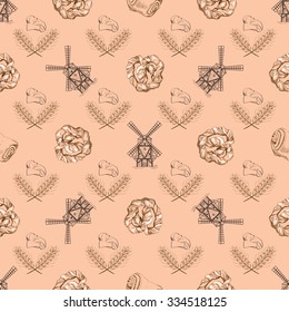 Seamless doodle pattern with different kinds of  bakery production and mill. Vector illustration