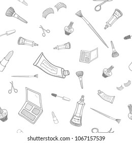 Seamless doodle pattern of different make-up tools. Thin line style. Illustration of lipsticks, mirror, nail polish, parfume, brushes, eyeshadow. Hand drawn cosmetics icons.