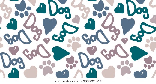 seamless doodle pattern with dog footprints, hearts, lettering of the word dog, lettering of the word woof